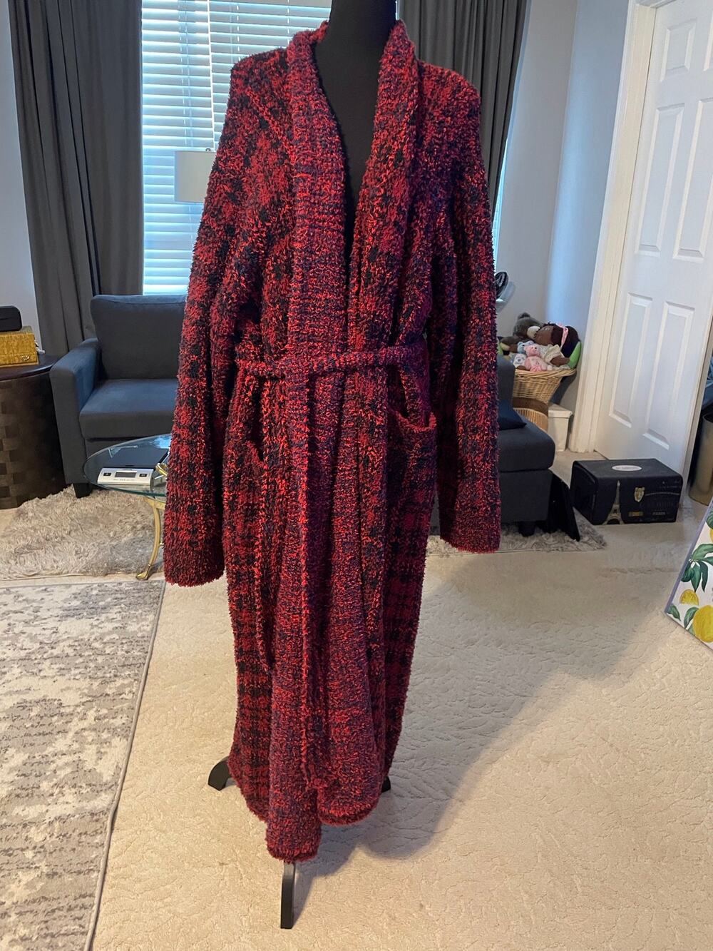 SKIMS Cozy Knit Buffalo Plaid Robe Red Black NWT Belted Long Robe